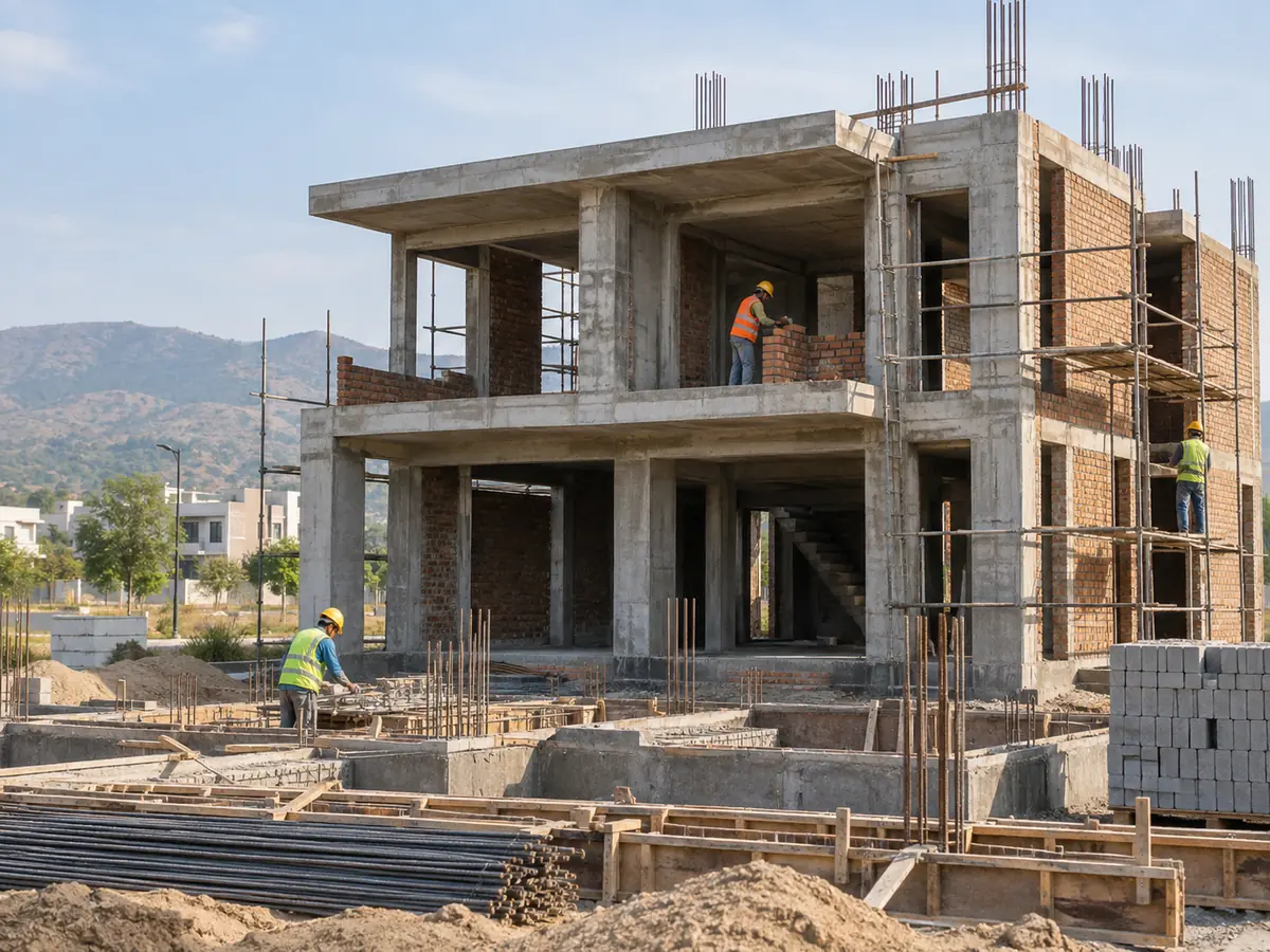 Grey structure construction of a modern residential house in Islamabad.