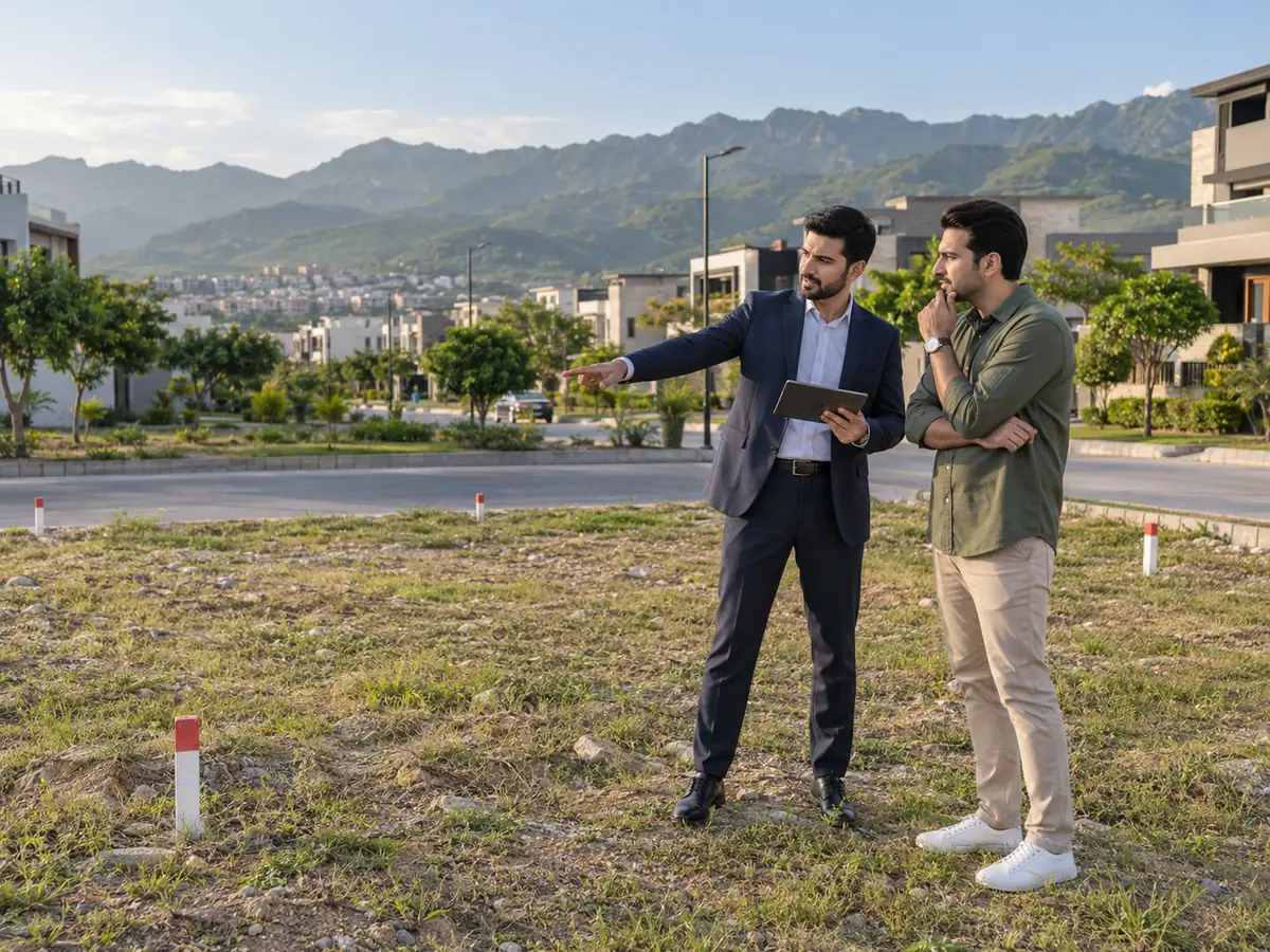 Property consultant helping a client evaluate a residential plot in Islamabad.