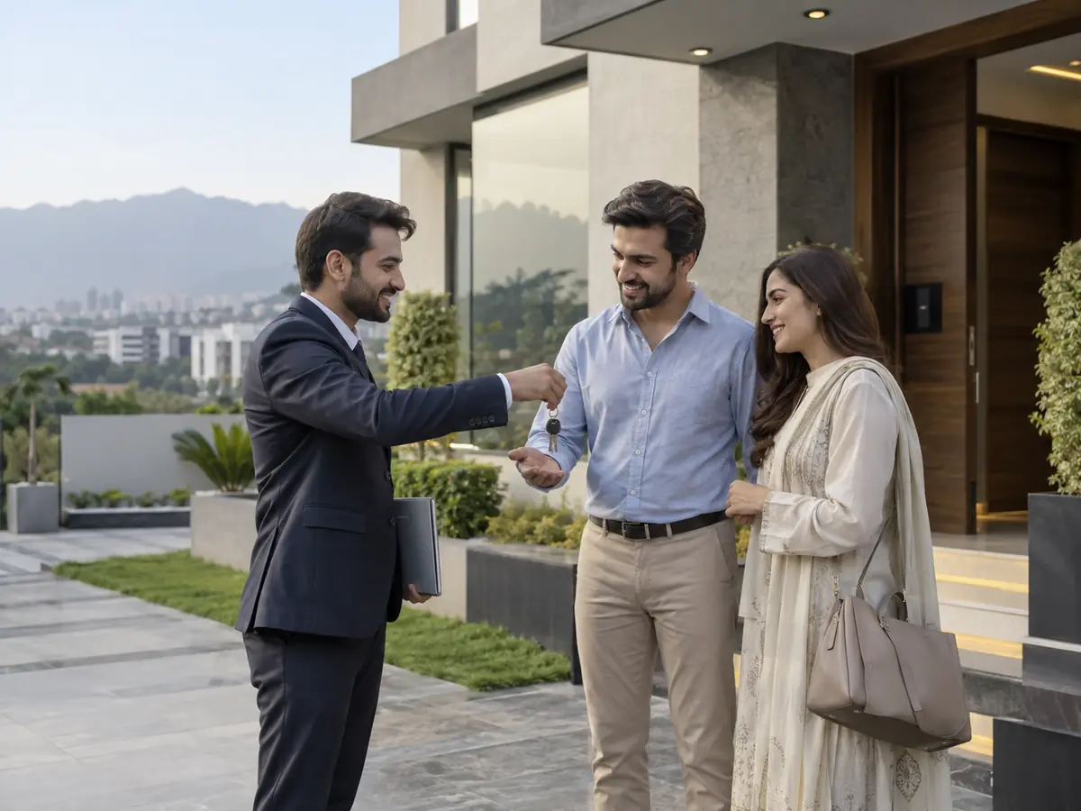 Property consultant handing over a completed Islamabad home to new residents.